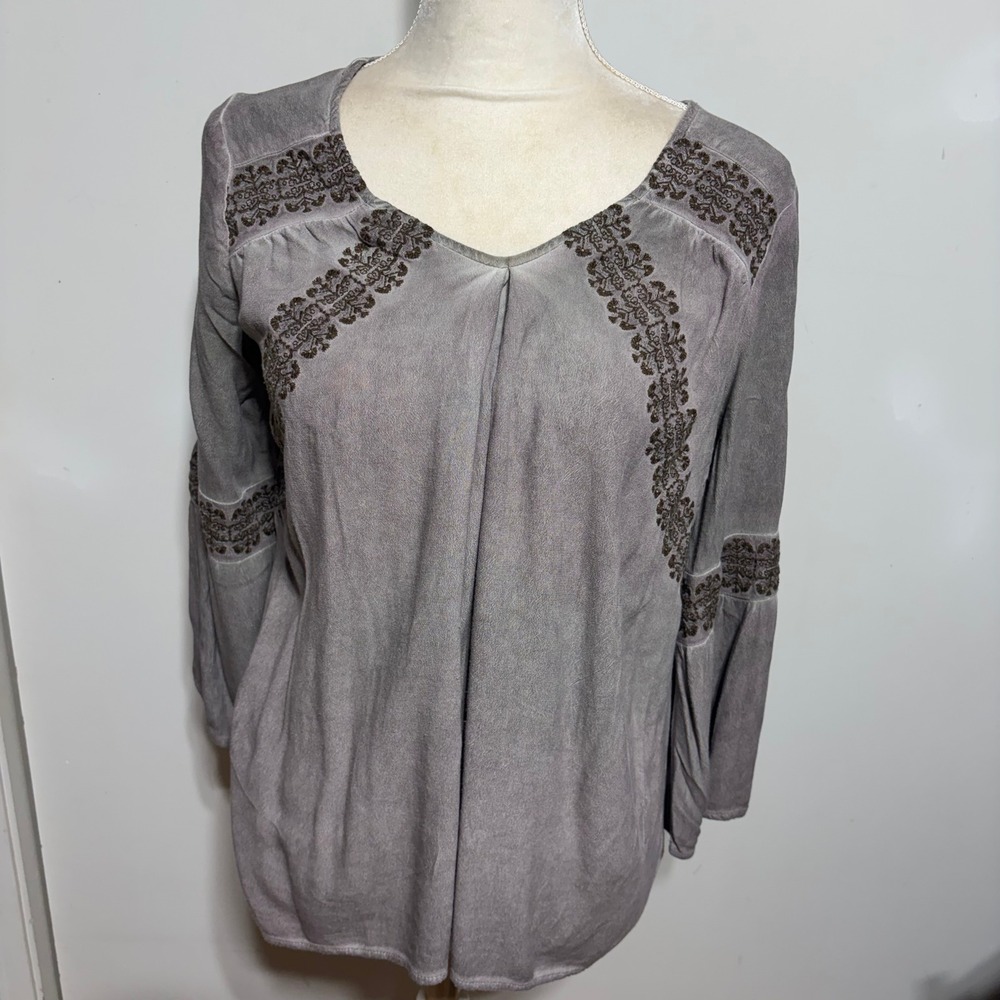 Knox Rose Gray Boho Embroidered V-Neck Bell Sleeve Blouse Top Tunic Purple